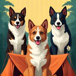 Collage of various dog breeds and camping gear